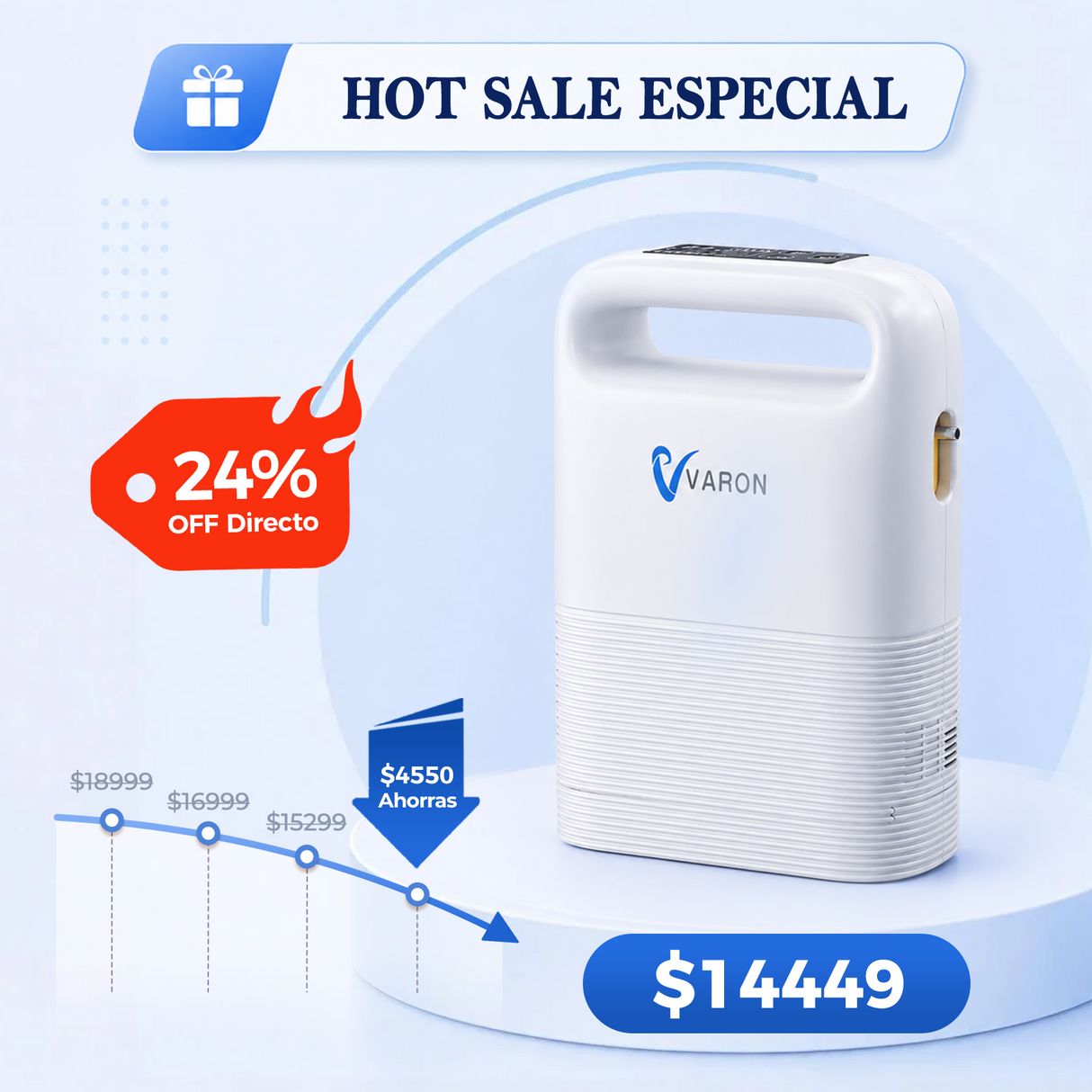 Concentrador de oxígeno portátil VARON VP-2 Pulse | 93 % de oxígeno, batería de larga duración
