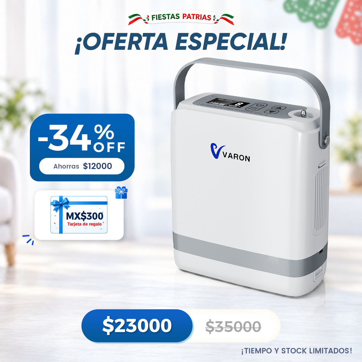 Nuevo VARON VP-8G | Concentrador de oxígeno portátil de flujo pulsátil (1–8 niveles)