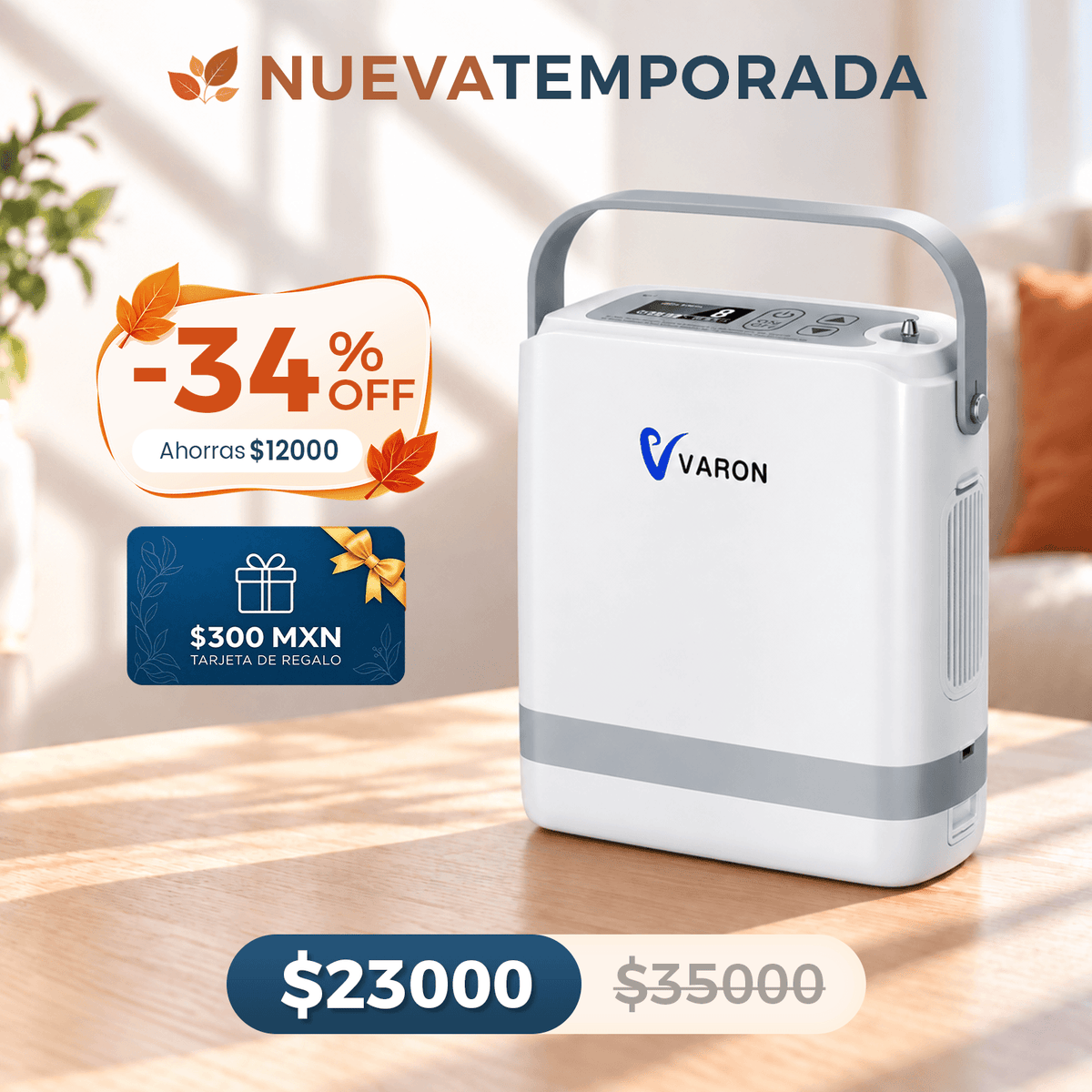 Nuevo VARON VP-8G | Concentrador de oxígeno portátil de flujo pulsátil (1–8 niveles)