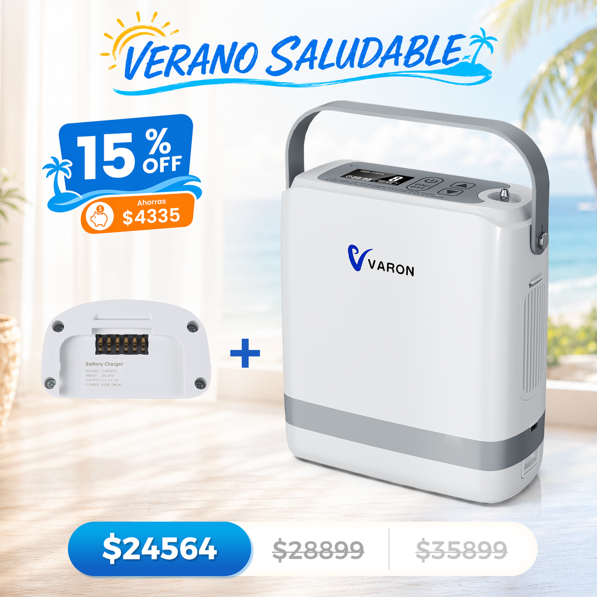 Nuevo VARON VP-8G | Concentrador de oxígeno portátil de flujo pulsátil (1–8 niveles)