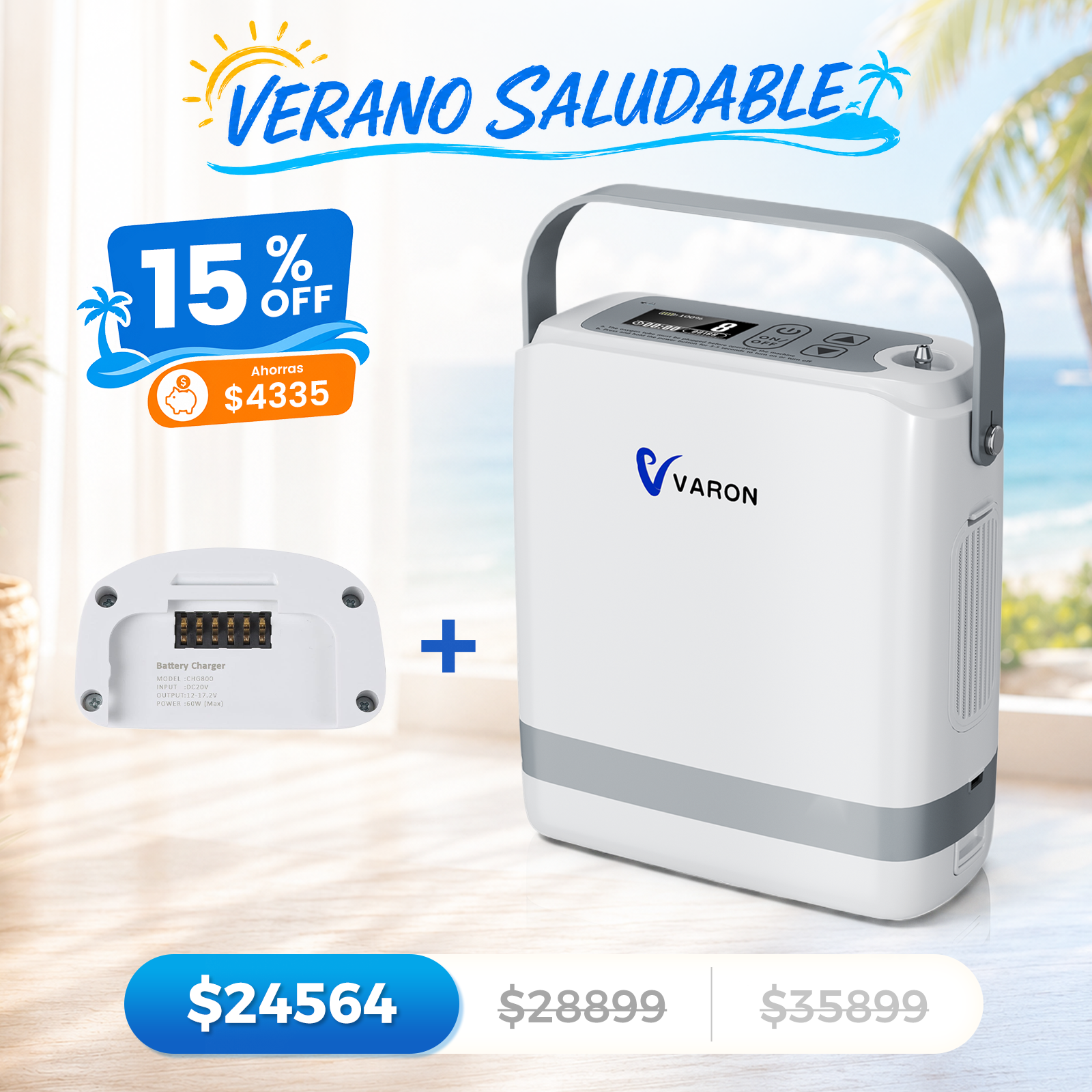 Nuevo VARON VP-8G | Concentrador de oxígeno portátil de flujo pulsátil (1–8 niveles)