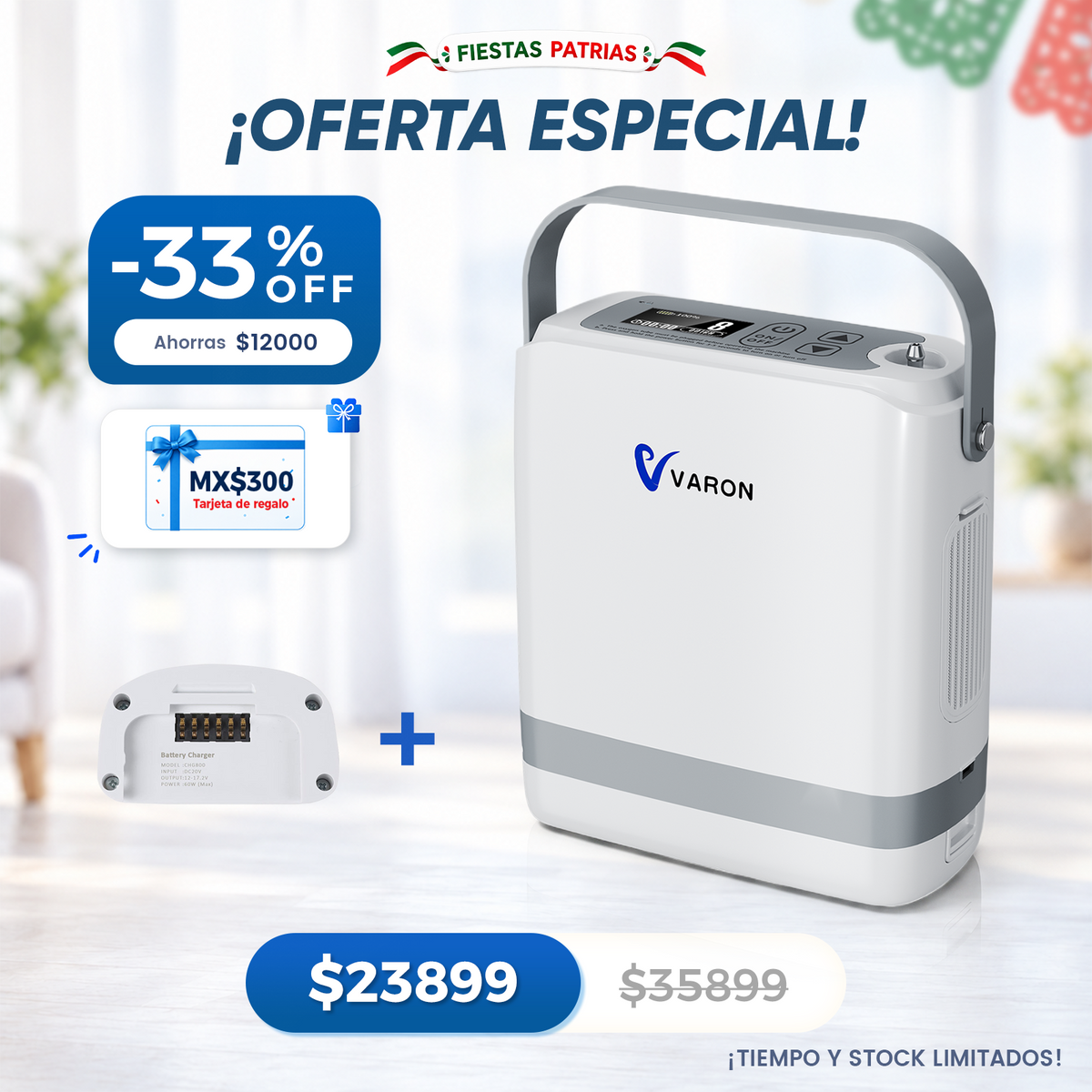 Nuevo VARON VP-8G | Concentrador de oxígeno portátil de flujo pulsátil (1–8 niveles)