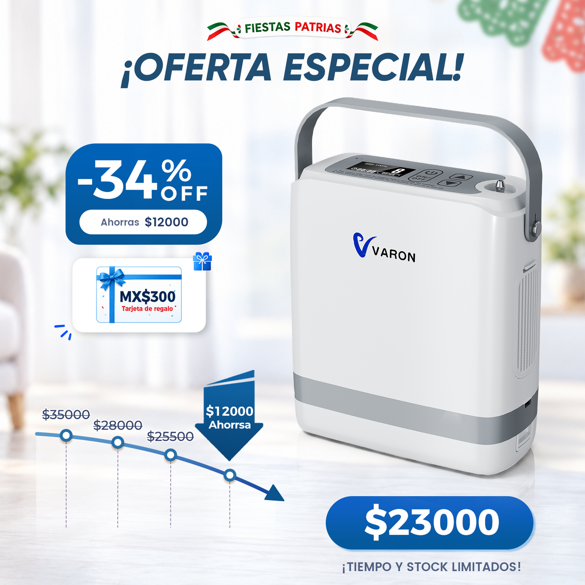 Nuevo VARON VP-8G | Concentrador de oxígeno portátil de flujo pulsátil (1–8 niveles)