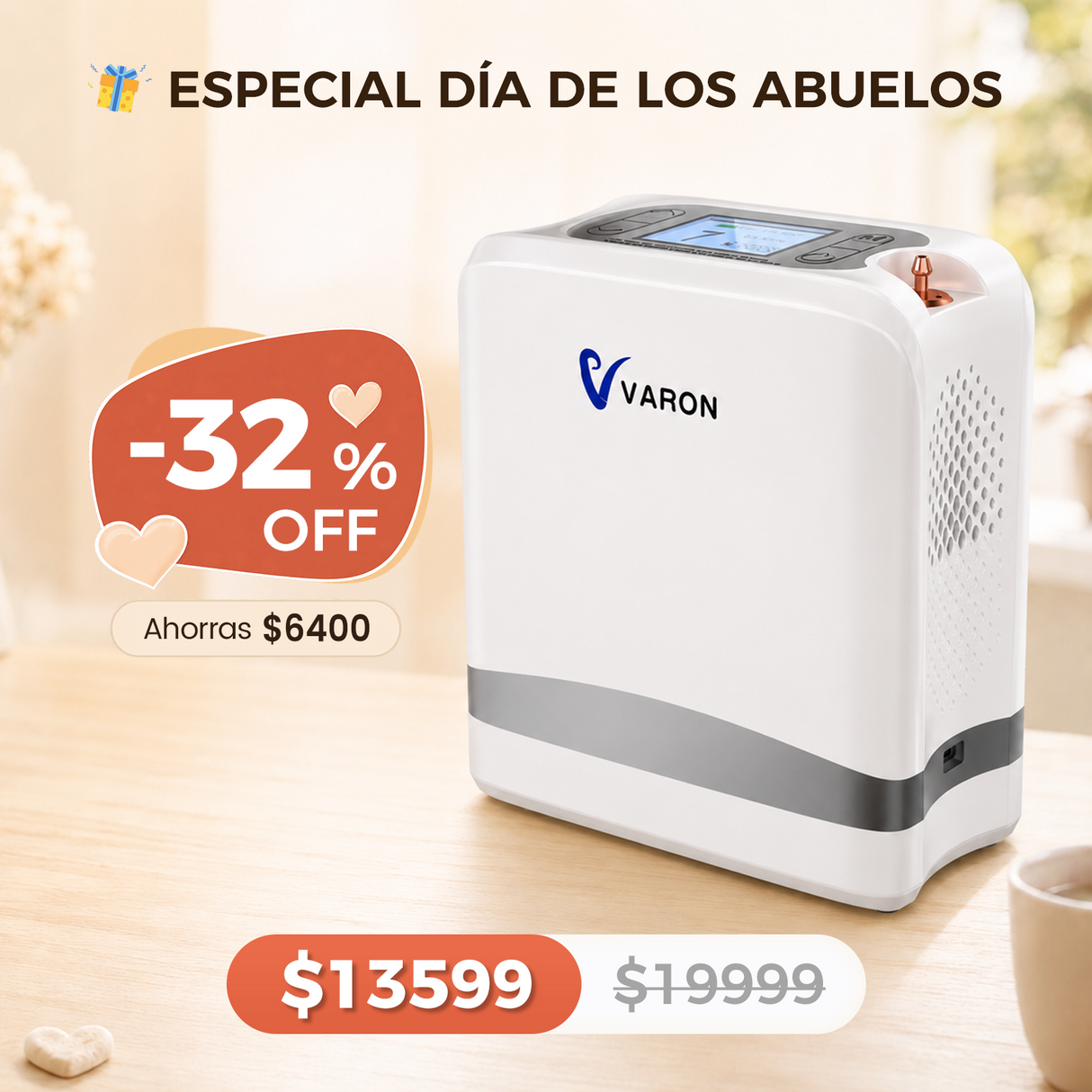 VARON VP-8 Lite | Concentrador de oxígeno de flujo pulsado ligero de 2 kg (7 niveles de flujo)