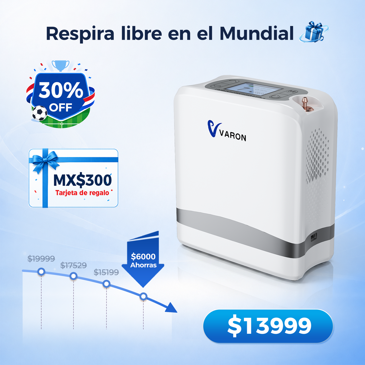 VARON VP-8 Lite | Concentrador de oxígeno de flujo pulsado ligero de 2 kg (7 niveles de flujo)