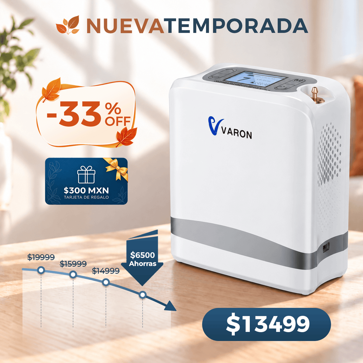 VARON VP-8 Lite | Concentrador de oxígeno de flujo pulsado ligero de 2 kg (7 niveles de flujo)