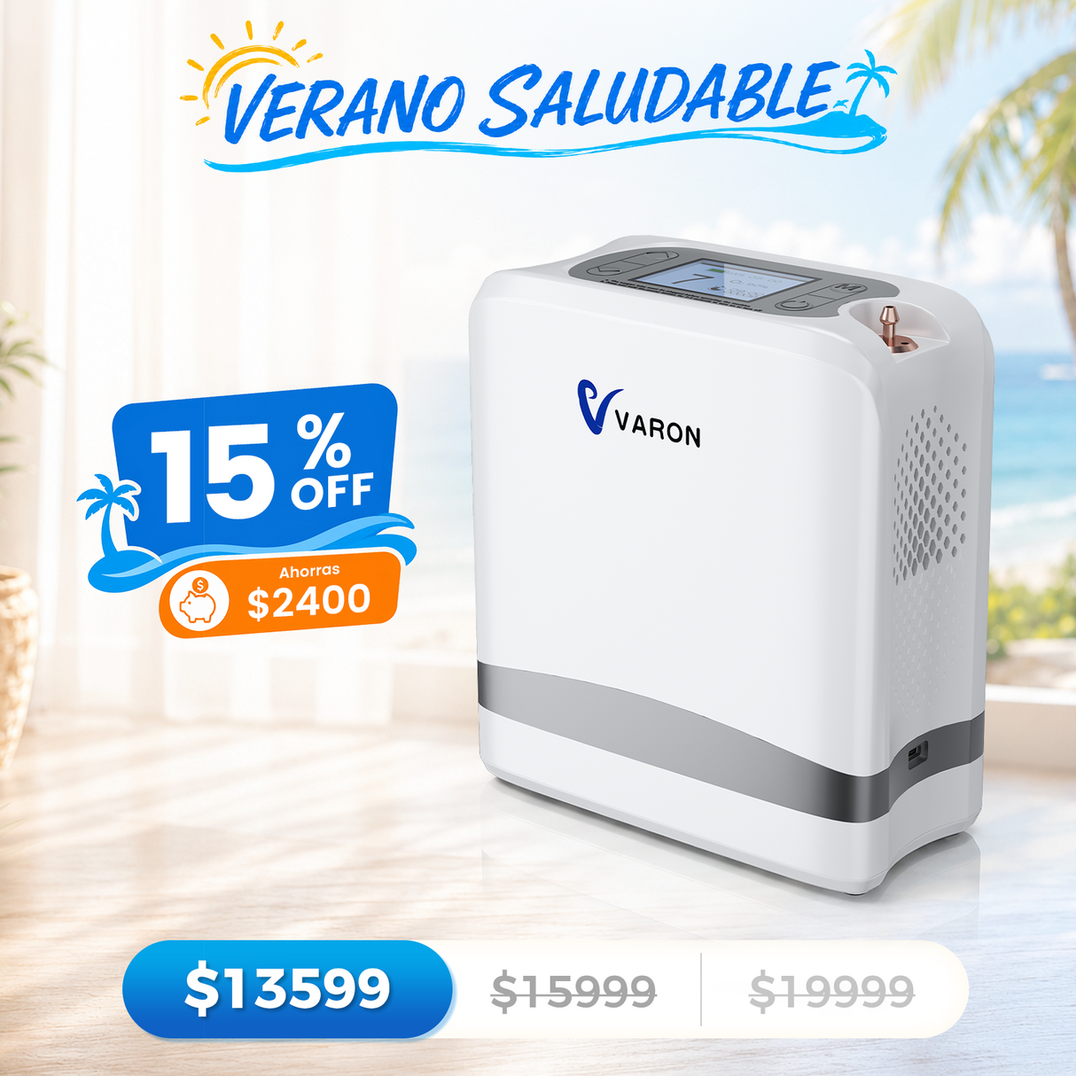 VARON VP-8 Lite | Concentrador de oxígeno de flujo pulsado ligero de 2 kg (7 niveles de flujo)