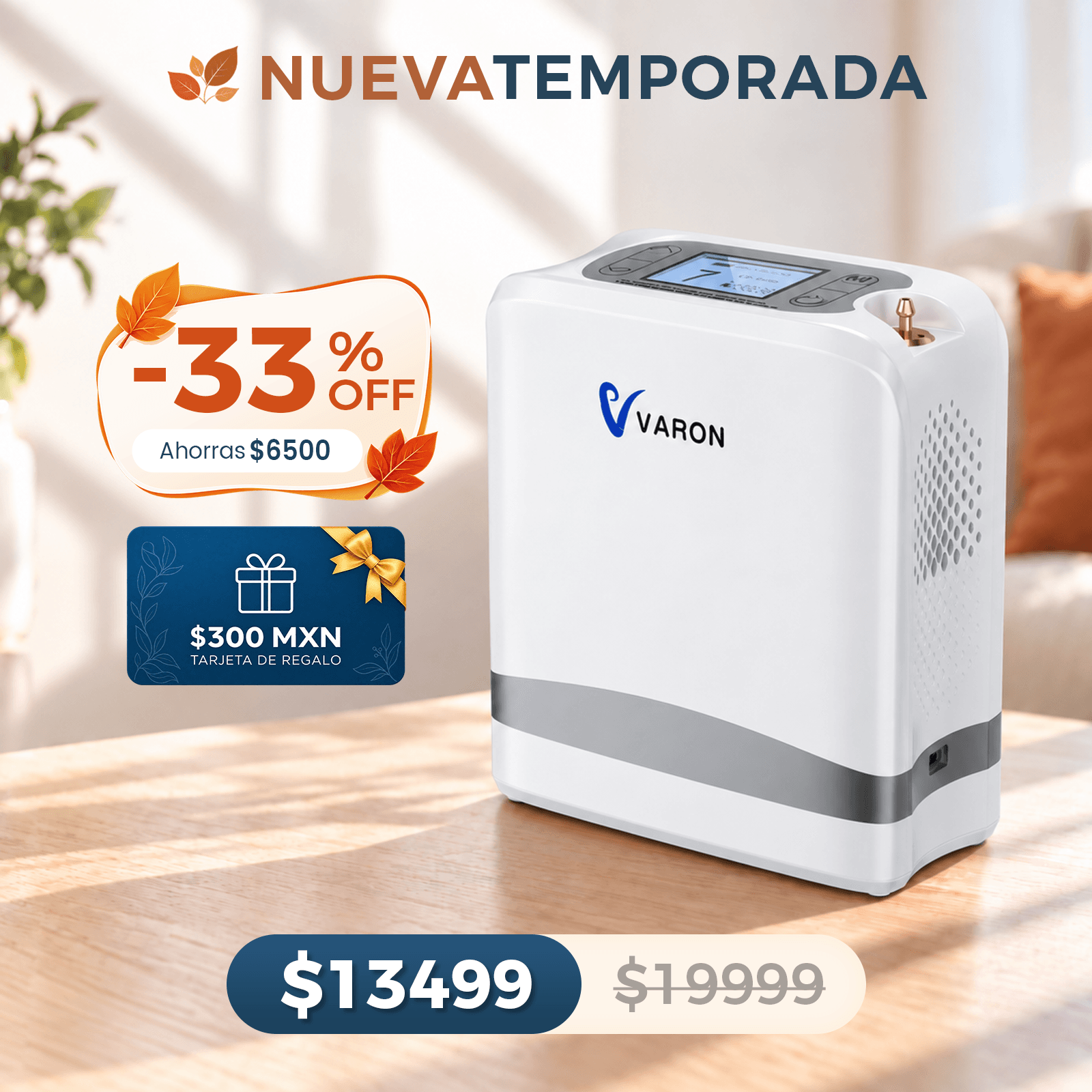 VARON VP-8 Lite | Concentrador de oxígeno de flujo pulsado ligero de 2 kg (7 niveles de flujo)