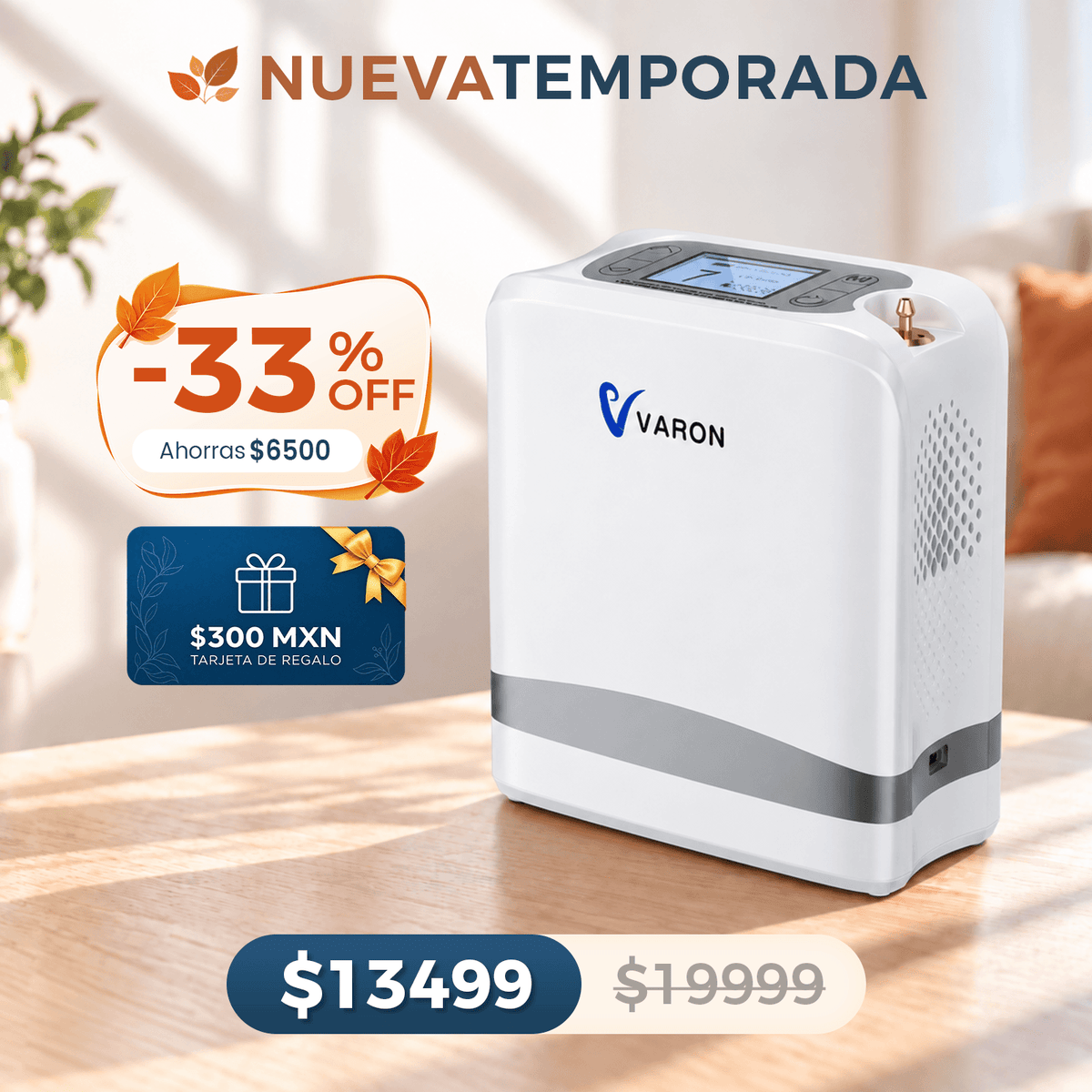 VARON VP-8 Lite | Concentrador de oxígeno de flujo pulsado ligero de 2 kg (7 niveles de flujo)