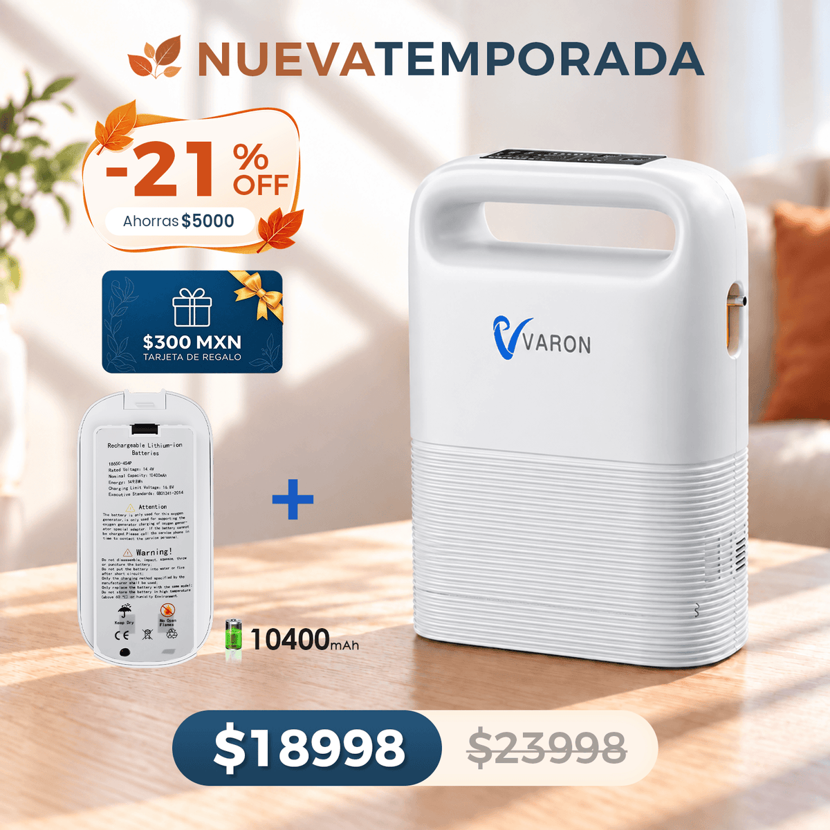 Concentrador de oxígeno portátil VARON VP-2 Pulse | 93 % de oxígeno, batería de larga duración
