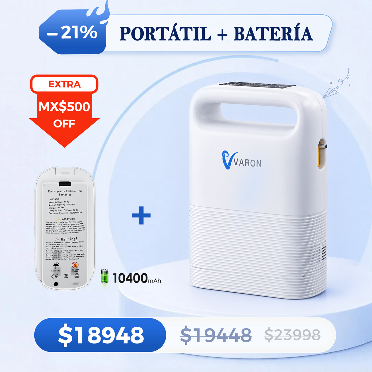 Concentrador de oxígeno portátil VARON VP-2 Pulse | 93 % de oxígeno, batería de larga duración