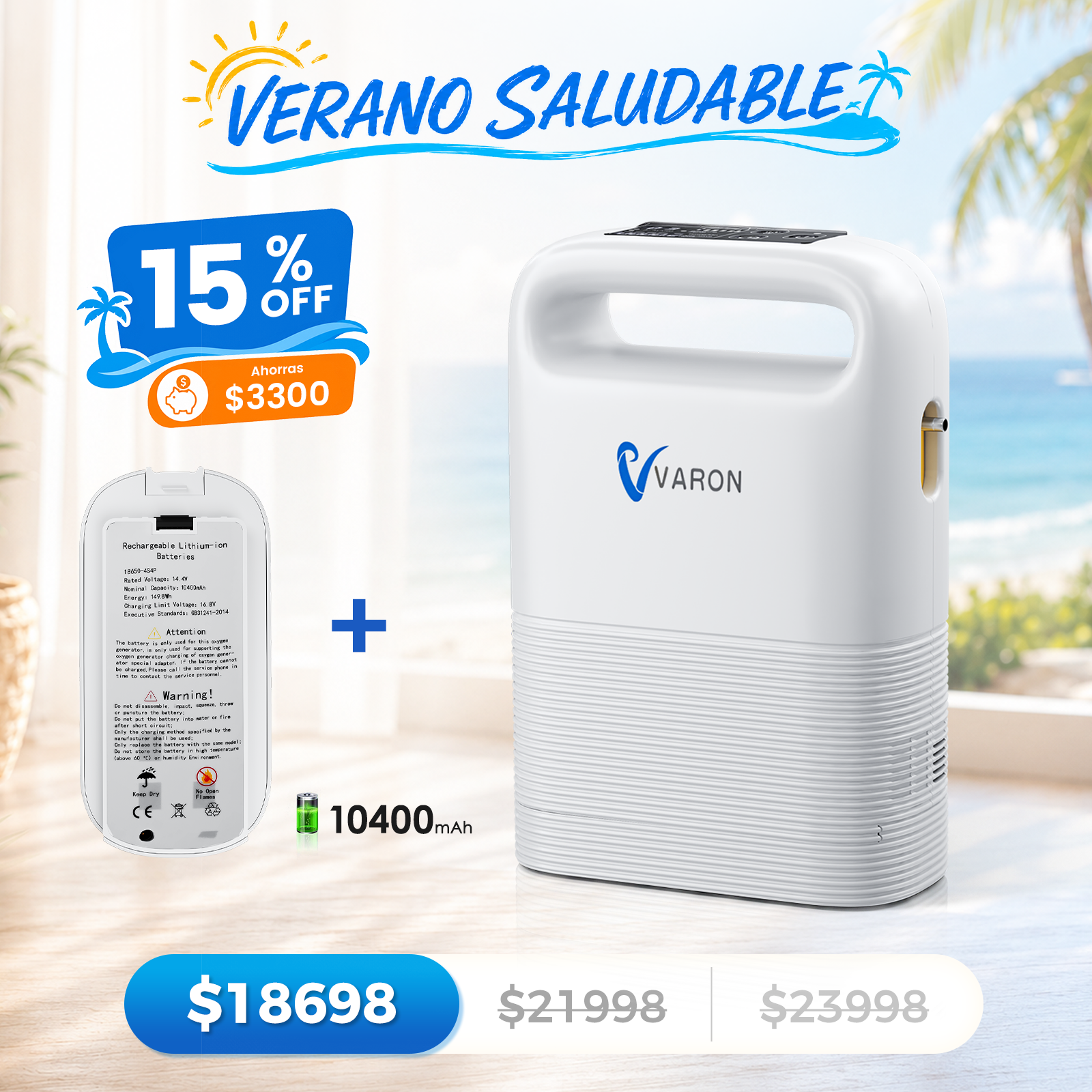Concentrador de oxígeno portátil VARON VP-2 Pulse | 93 % de oxígeno, batería de larga duración