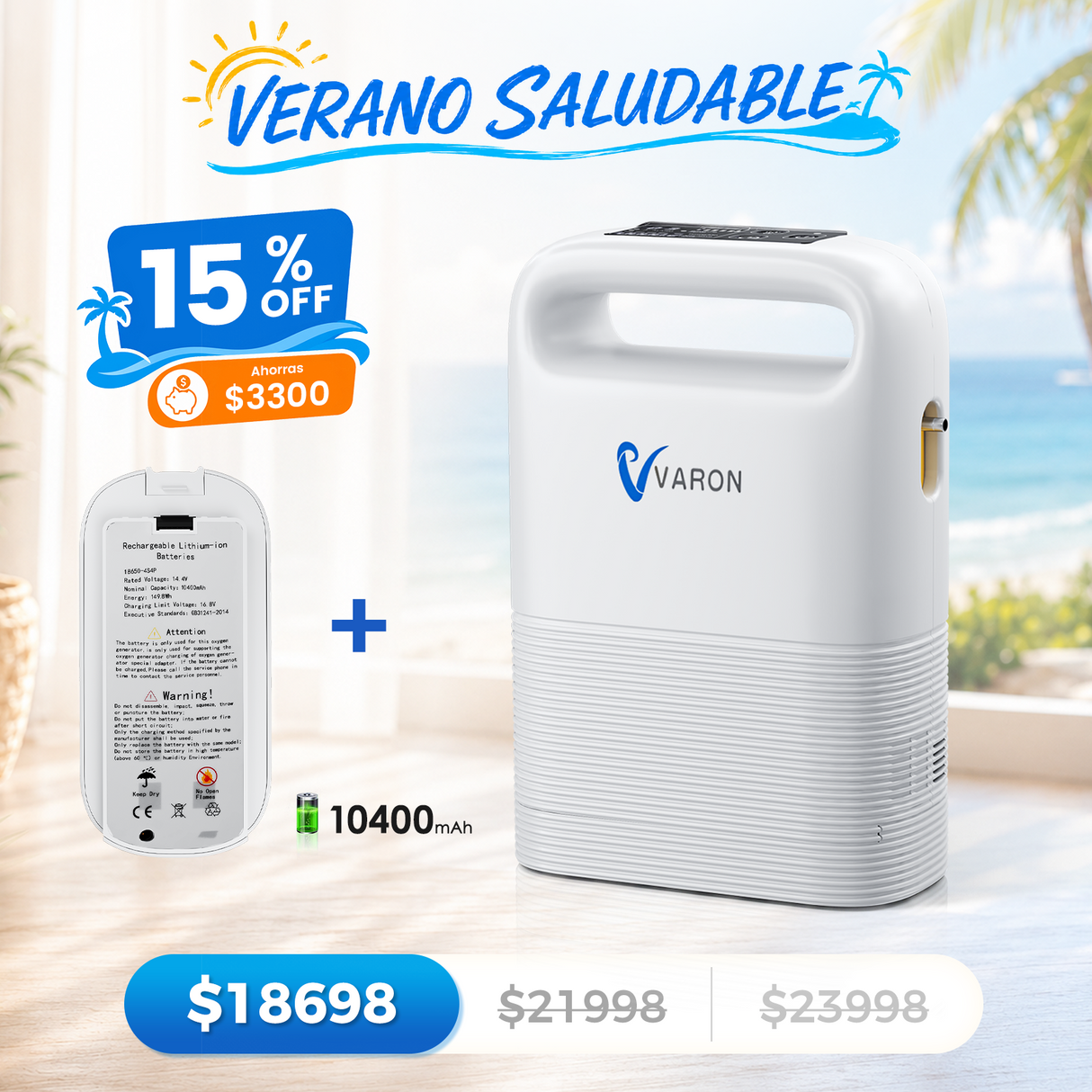 Concentrador de oxígeno portátil VARON VP-2 Pulse | 93 % de oxígeno, batería de larga duración