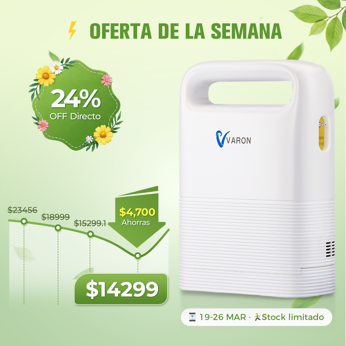 Concentrador de oxígeno portátil VARON VP-2 Pulse | 93 % de oxígeno, batería de larga duración