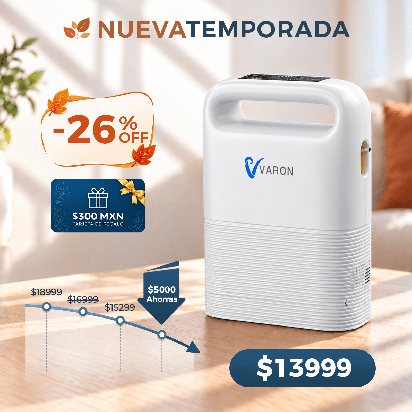 Concentrador de oxígeno portátil VARON VP-2 Pulse | 93 % de oxígeno, batería de larga duración
