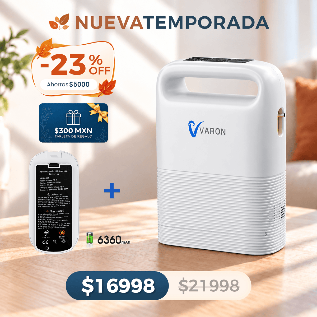 Concentrador de oxígeno portátil VARON VP-2 Pulse | 93 % de oxígeno, batería de larga duración