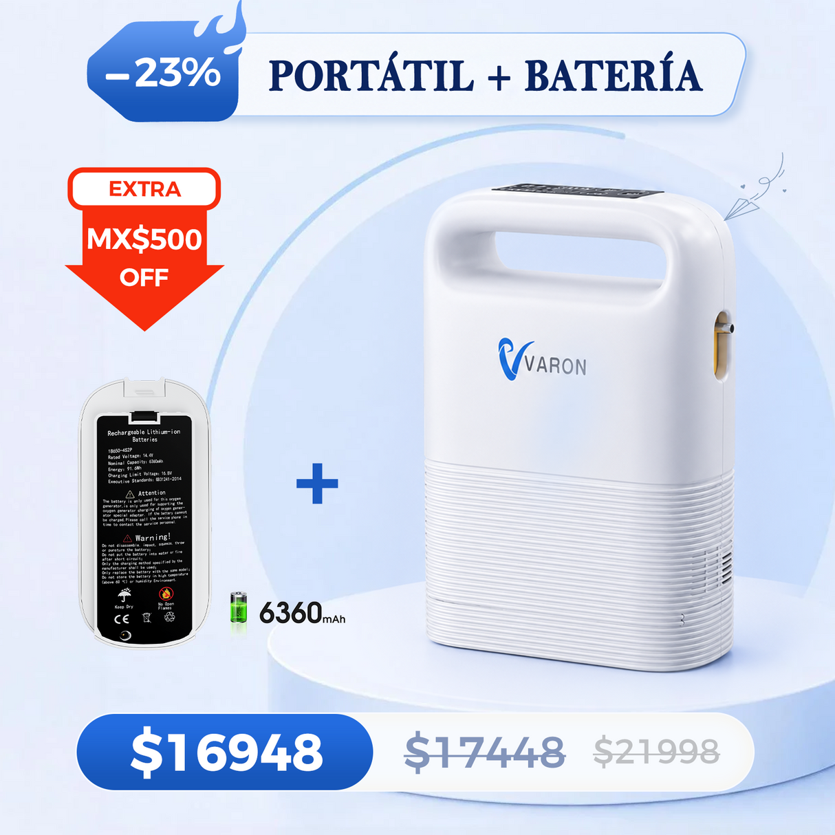 Concentrador de oxígeno portátil VARON VP-2 Pulse | 93 % de oxígeno, batería de larga duración