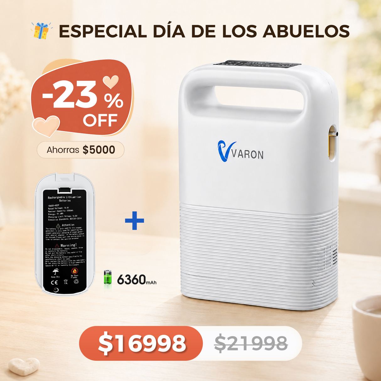 Concentrador de oxígeno portátil VARON VP-2 Pulse | 93 % de oxígeno, batería de larga duración