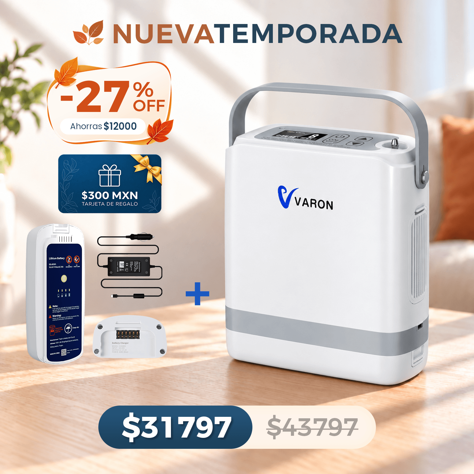 Nuevo VARON VP-8G | Concentrador de oxígeno portátil de flujo pulsátil (1–8 niveles)