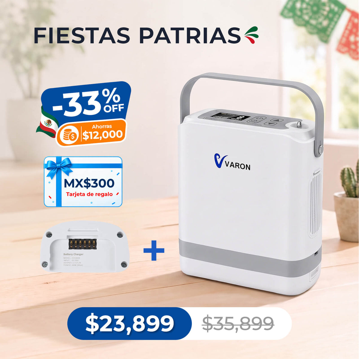 Nuevo VARON VP-8G | Concentrador de oxígeno portátil de flujo pulsátil (1–8 niveles)