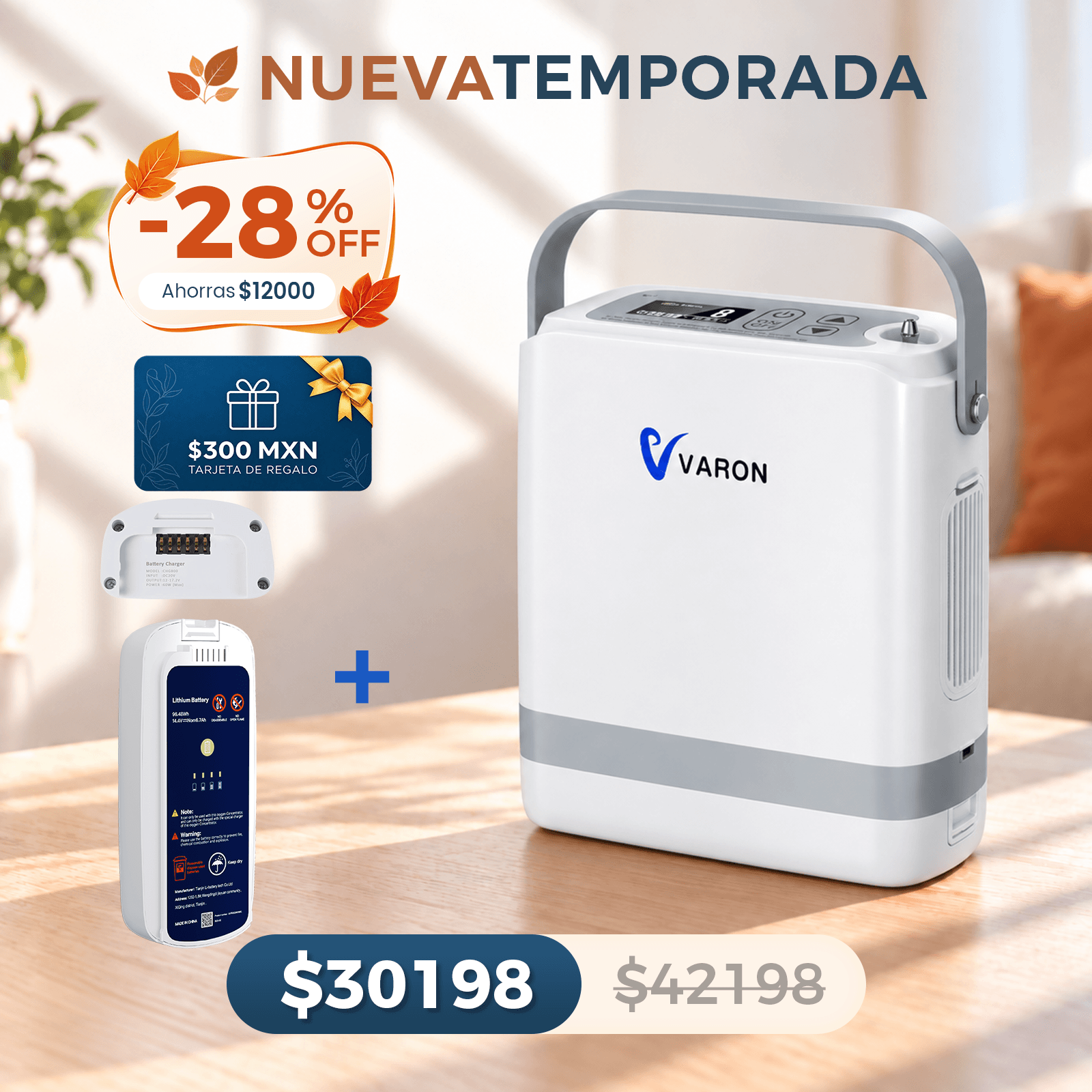 Nuevo VARON VP-8G | Concentrador de oxígeno portátil de flujo pulsátil (1–8 niveles)