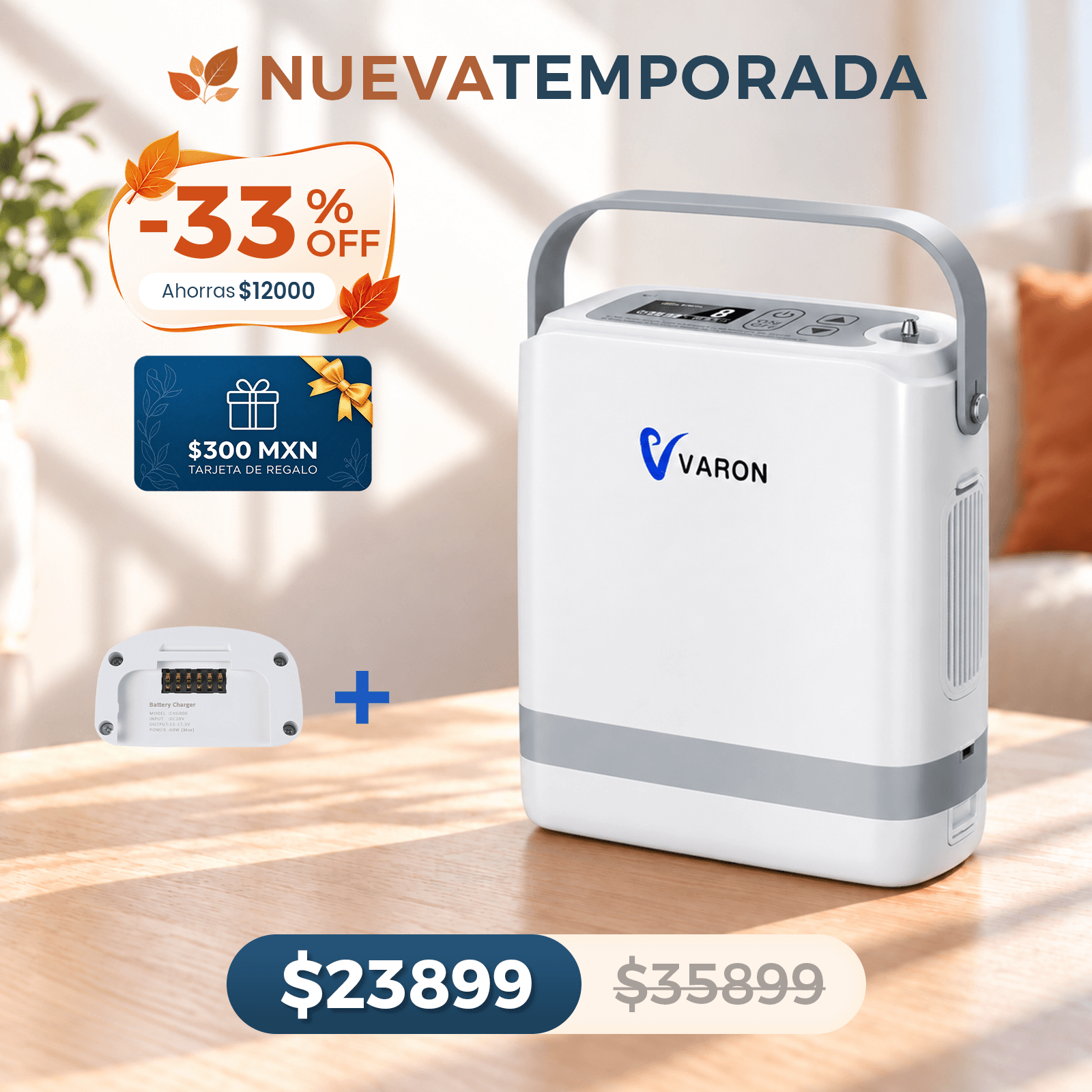 Nuevo VARON VP-8G | Concentrador de oxígeno portátil de flujo pulsátil (1–8 niveles)