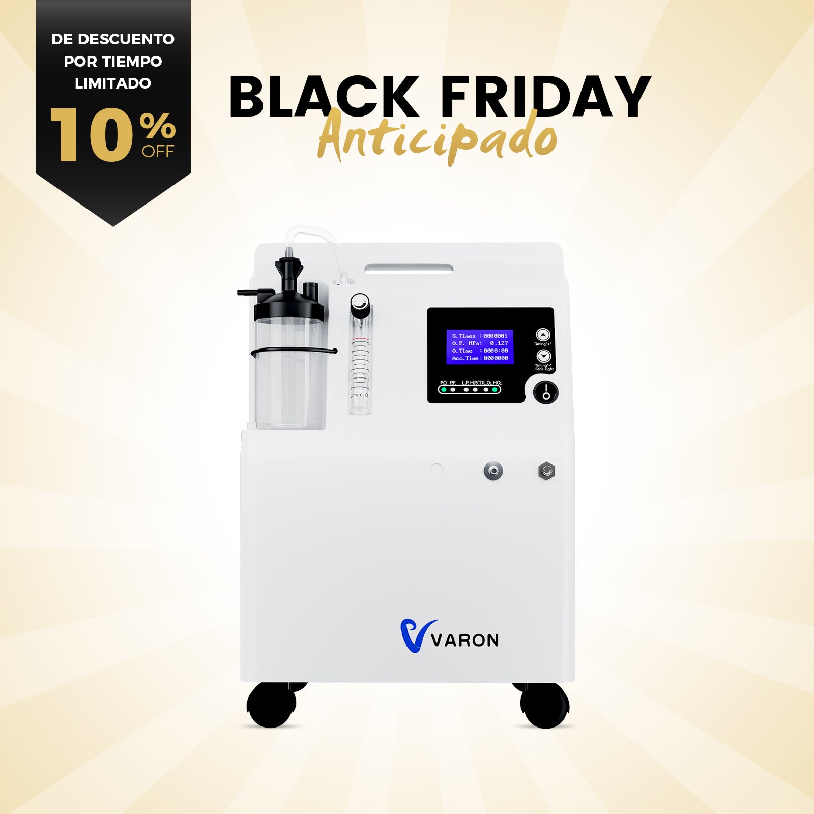 Concentrador de oxígeno VARON Serene de 5 Litros | Funcionamiento 72 h. Aprobado por la FDA y la CE