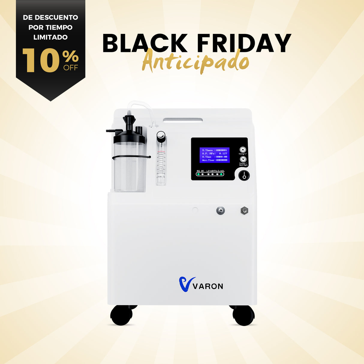 Concentrador de oxígeno VARON Serene de 5 Litros | Funcionamiento 72 h. Aprobado por la FDA y la CE
