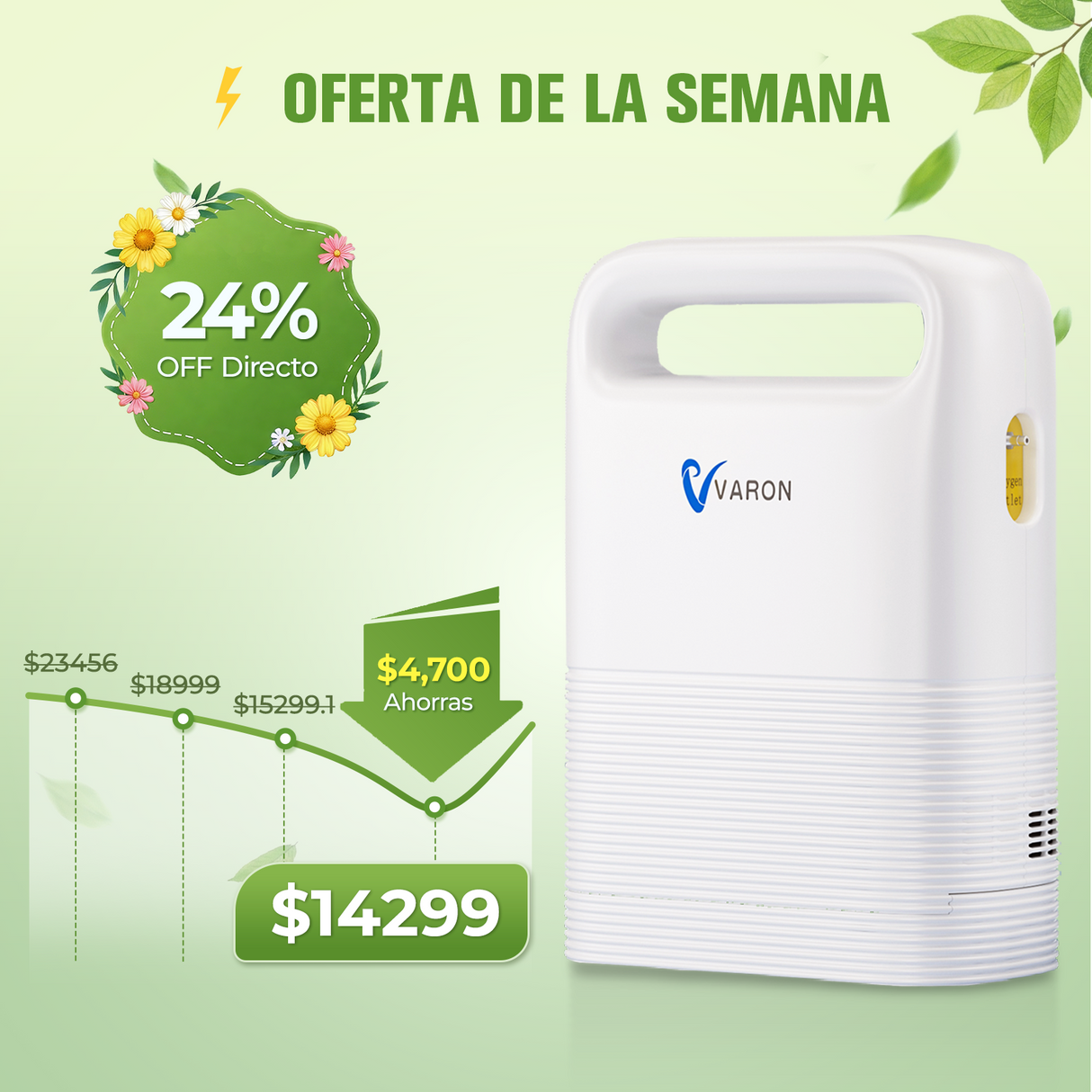 Concentrador de oxígeno portátil VARON VP-2 Pulse | 93 % de oxígeno, batería de larga duración