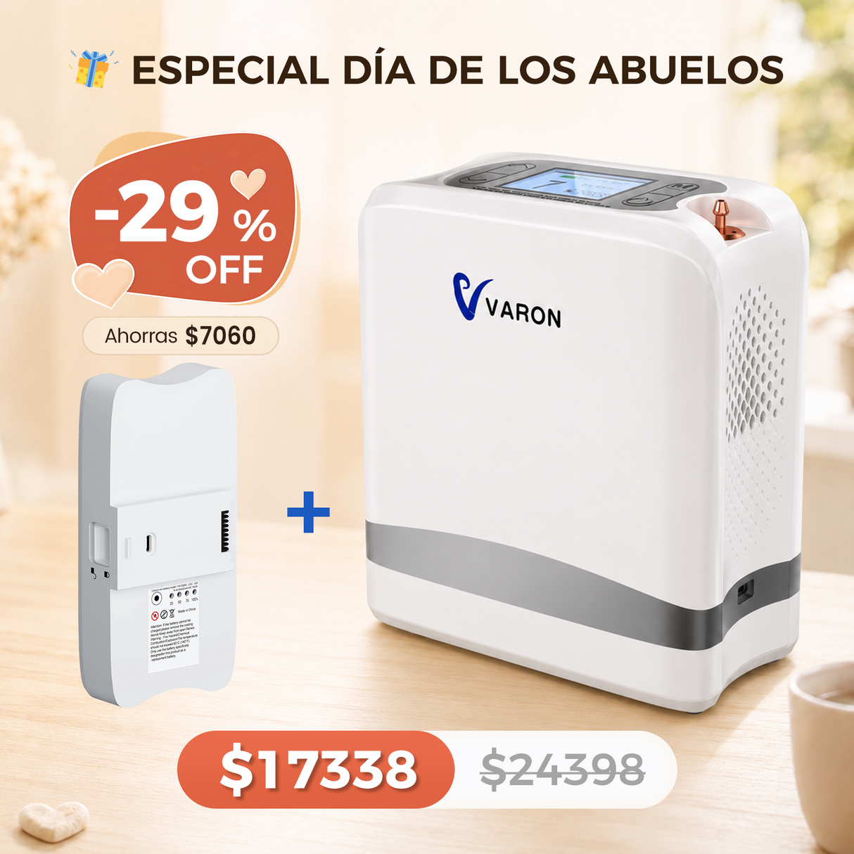 VARON VP-8 Lite | Concentrador de oxígeno de flujo pulsado ligero de 2 kg (7 niveles de flujo)