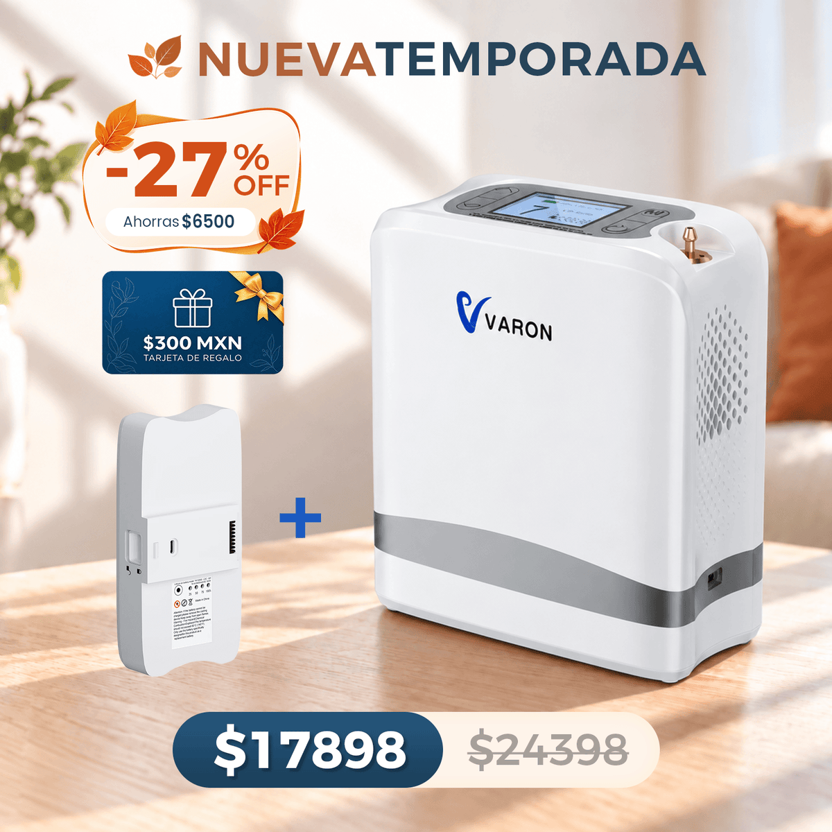 VARON VP-8 Lite | Concentrador de oxígeno de flujo pulsado ligero de 2 kg (7 niveles de flujo)